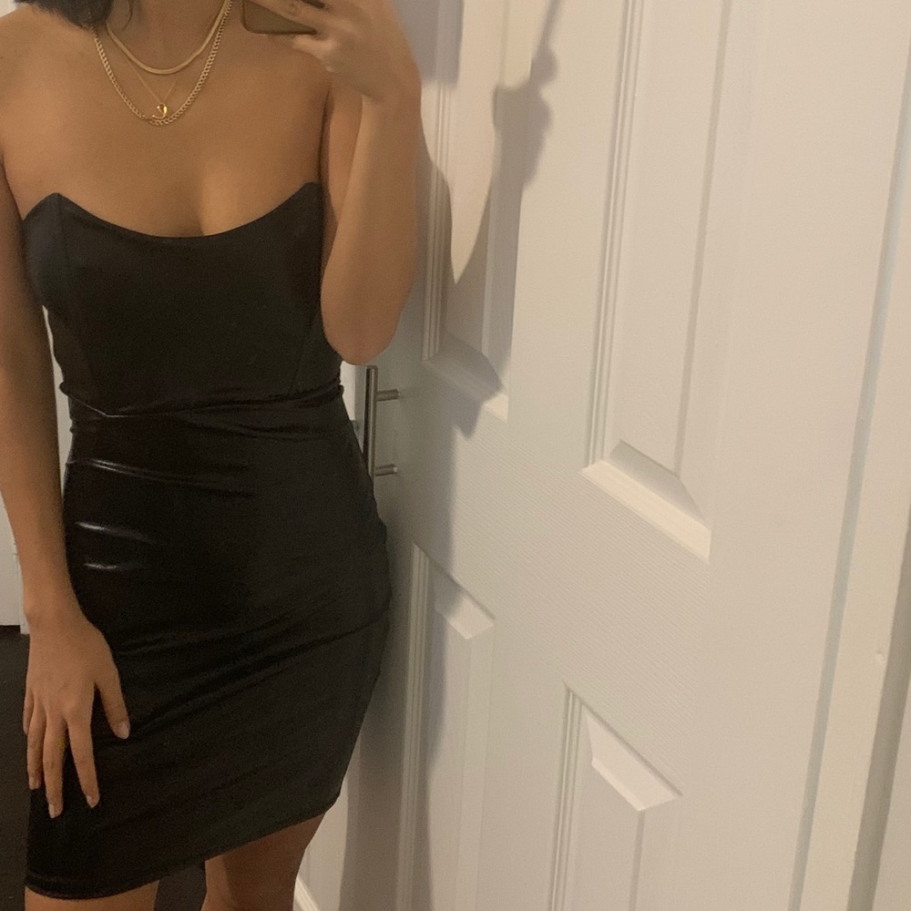 Black liquid latex strapless mini dress